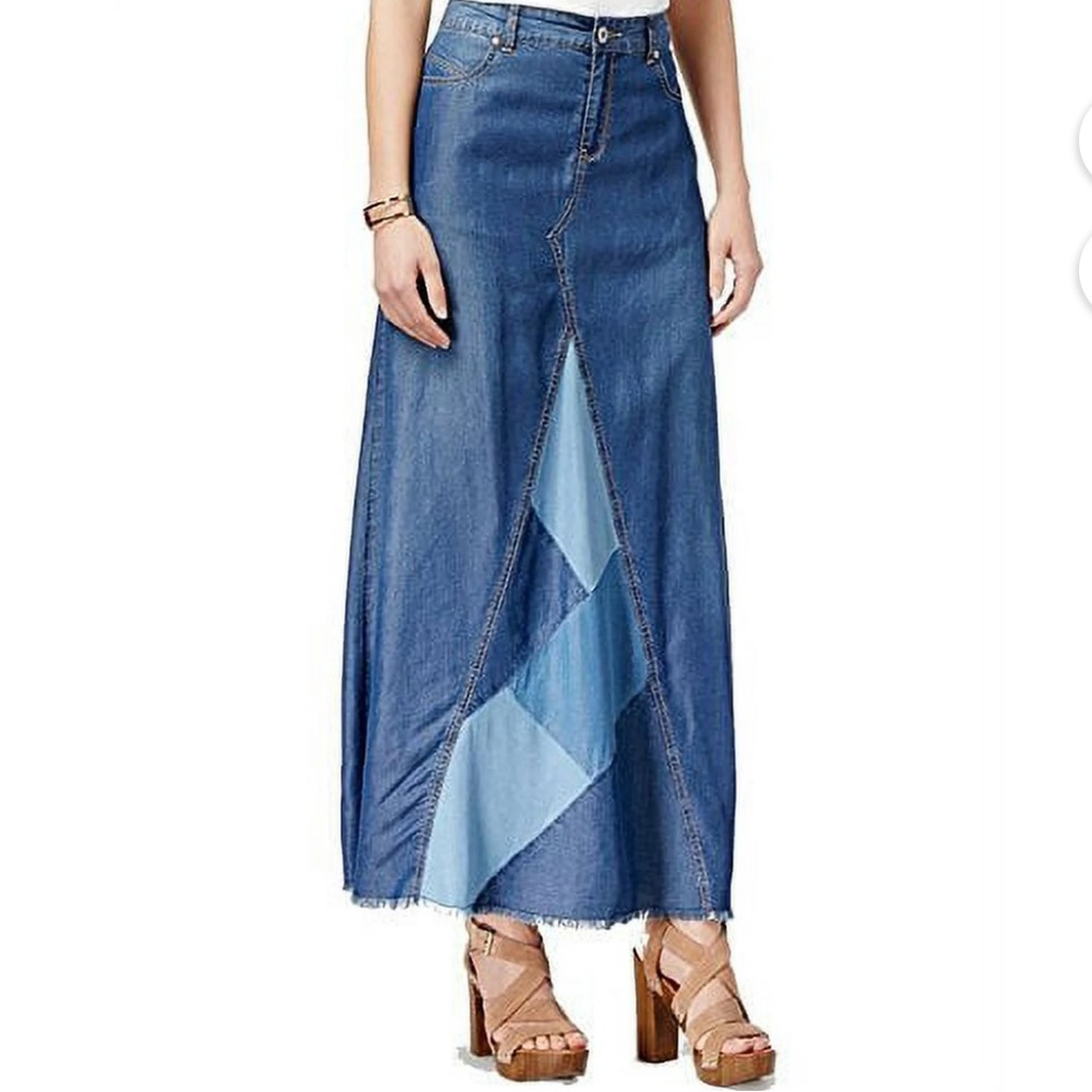 Inc International Concepts Denim Patchwork Maxi Skirt Indigo